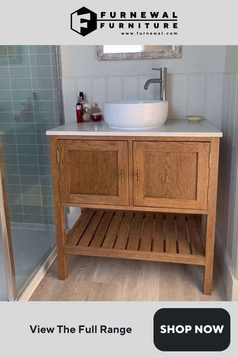 Oak bathroom vanity cupboard and shelf unit with a modern feel Bathroom Diy Vanity, Wood Bathroom Vanity Unit, Bathroom Sink Unit Ideas, Wooden Vanity Unit Bathroom, Bespoke Bathroom Vanity, Wooden Bathroom Sink, Wooden Sinks Bathroom, Free Standing Sink Bathroom, Wood Cabinets Bathroom