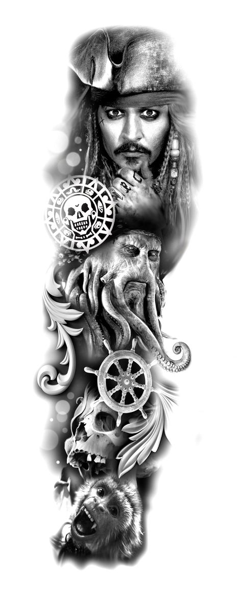 Pirates Tattoo Design, Pirate Tattoo Jack Sparrow, Jack Sparrow Tattoo Design, Pirate Sleeve Tattoo, Jack Sparrow Tattoo Ideas, Pirates Tattoo Ideas, Marvel Tattoo Design, Pirate Tattoo Ideas, Pirate Tattoo Design