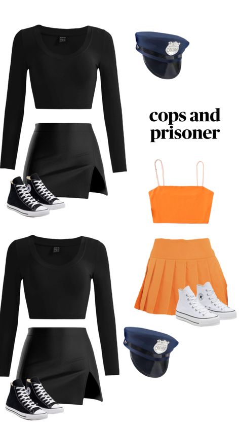 cops and prisoner Halloween costumes Cop Costumes For Women Diy, Cops And Robbers Halloween Costumes, Cop And Robber Costume Best Friends, Halloween Sister Costumes, Cop Costume Diy, Diy Cop Costume, Cops And Robbers Costume, Robber Halloween Costume, Halloween Bff