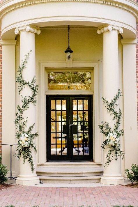 Love how this couple used the architecture already in place by simply adding greenery and florals to the columns of the hotel Pillar Decorations Columns, Pillar Decor, Column Decor, Pillar Decorations, Wedding Columns, Columns Decor, Wedding Pillars, Chapel Hill North Carolina, Church Wedding Decorations