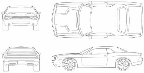 Dodge Challenger (2008) Dodge Challenger Drawing, Dodge Drawing, Challenger Drawing, Pinewood Derby Cars Templates, Car Blueprint, 2009 Dodge Challenger, 3d Maya, Car Cakes, 1970 Challenger