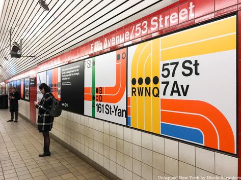 New Exhibit In Midtown Subway Station Showcases Graphic Design of NYC Transit System - Untapped New York Transport Graphic Design, Transportation Graphic Design, Subway Station Design, Subway Graphic Design, Subway Signage, Subway Map Design, Urban Graphic Design, Nyc Subway Station, Subway Design