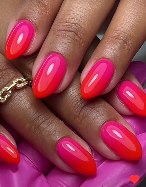 Hot pink & orange ombre Ombre Red Pink Nails, Ombre Pink And Red Nails, Red Hot Pink Nails, Pink And Red Ombré Nails, Hot Pink And Orange Ombre Nails, Hot Pink Coral Nails, Orange Hot Pink Nails, Bright Pink Orange Nails, Pink Red And Orange Nails