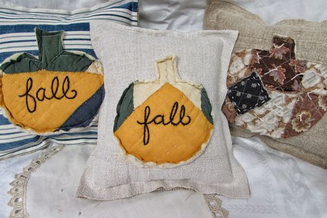 Primitive Stitching, Tiny Tan, Orange Quilt, Farmhouse Pillow, Small Pillow, Fall Farmhouse, Fall Pillows, Grain Sack, Vintage Quilt