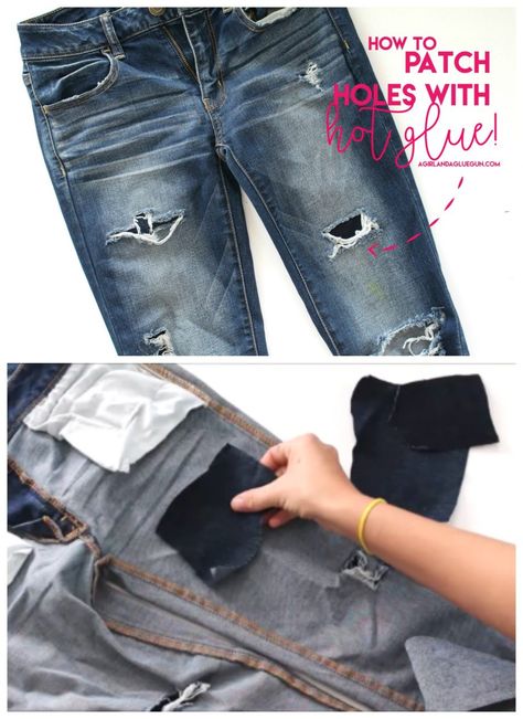 patch a pair of pants--using scrap levi and hot glue Patching Holes In Jeans, Diy Lace Jeans, Holes In Jeans, Patched Jeans Diy, How To Patch Jeans, Holy Jeans, Diy Ripped Jeans, Altered Clothes, Hot Topic Clothes