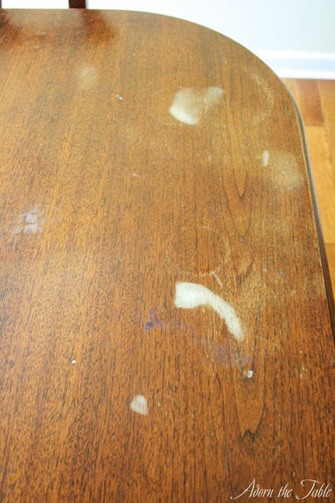 How to Remove Hazy White Stains on a Wood Table - Adorn the Table How To Get White Spots Off Wood Table, How To Clean A Wood Table, White Marks On Wooden Tables, Water Marks On Wooden Table, Staining Table, Water Stain On Wood, Naturally Whiten Teeth, Restore Wood Furniture, White Wood Stain