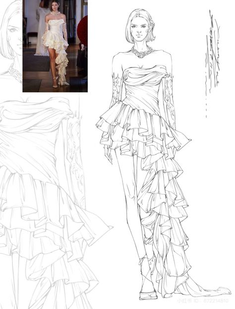 Sleeve Illustration Fashion, Tops Designs Drawing, Fashion Illustrations With Background, Dress Texture Drawing, Ripped Dress Drawing, Female Fashion Figure, Clothes Design Drawing, Dress Illustration Design, Fashion Design Inspiration Board