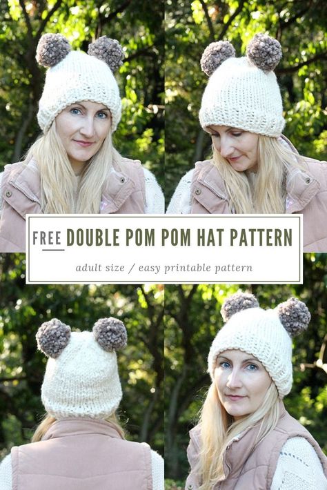 Double pom pom hat knitting pattern free. Make a super cozy hat for the winter weather with two poms, great for any beginner knitters! #knit #knitting #twopomhat #hat #hatpattern Double Pom Pom Beanie, Winter Knitting Patterns, Fall Knitting Patterns, Easy Knit Hat, Beanie Hat Pattern, Knit Dress Pattern, Knit Headband Pattern, Hat Patterns Free, Hat Knitting Pattern