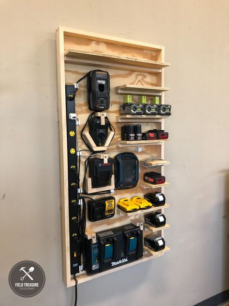 Battery Charging Station, Garage Organisation, Garage Workshop Organization, Power Tool Storage, Workbench Plans Diy, Garage Organization Diy, Garage Tool Storage, Diy Garage Door, Tool Storage Diy