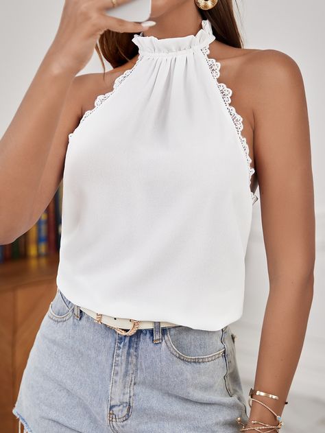 White Casual Collar  Fabric Plain Halter Embellished Non-Stretch Fall/Winter Women Tops, Blouses & Tee Lace Halter Top, Halter Blouse, Womens Halter Tops, Top Halter, Women Tank Tops, Guipure Lace, Halter Tops, Lace Insert, Tank Top Cami