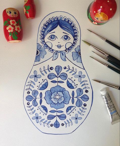 Nesting Dolls Drawing, Matryoshka Doll Drawing, Watercolor Techniques For Beginners, Matryoshka Tattoo, Nesting Doll Tattoo, Matryoshka Doll Art, Russian Embroidery, Basic Watercolor, Doll Tattoo