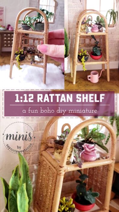 Miniature Bohemian Style 1:12 Dollhouse Rattan Shelf - Sweet Anne Designs Diy Dollhouse Shelf, Diy Mini Shelf, Diy Dollhouse Furniture 1:12, Bohemian Dollhouse, Mckinley Dollhouse, Boho Dollhouse, Dollhouse Shelf, Rattan Shelf, Doll Miniatures