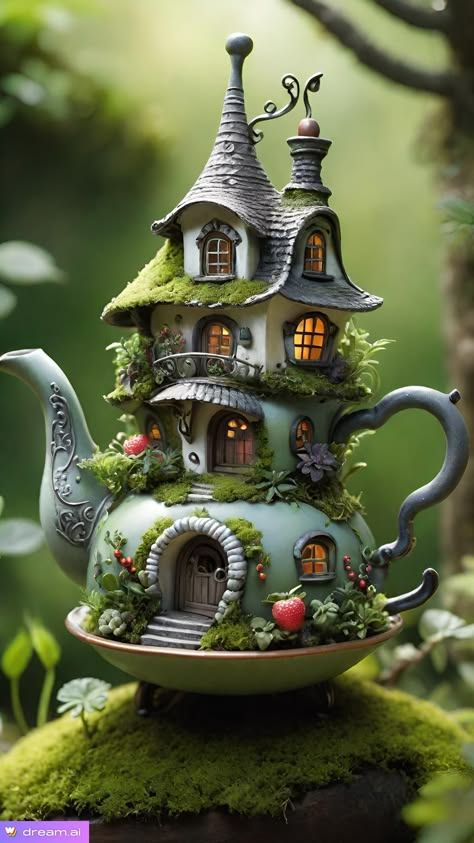 Teapot Fairy House, Fancy Teapot, Teapot House, Old Tea Pots, Old Pots, Fairytale House, Fairy House Diy, Fairy Garden Crafts, Birdhouse Designs