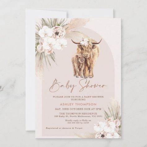 Cow Baby Shower Theme, Cow Baby Shower Invitations, Cow Baby Shower, Highland Cow Baby, Cowgirl Baby Showers, Girl Shower Themes, Cow Baby Showers, Southern Baby, Boho Baby Shower Invitations