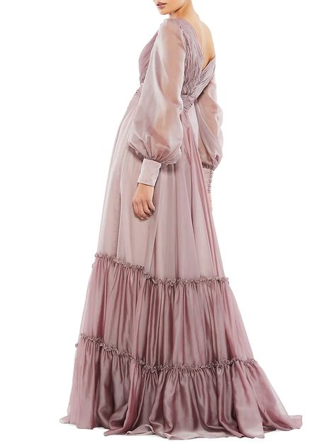 Shop Mac Duggal Long Sleeve Ombré Chiffon Gown | Saks Fifth Avenue Pink Fantasy Gown, Tiered Gown, Bishop Sleeve Dress, Romantic Maxi Dress, Mnm Couture, Evening Dress Collection, Plastic Dress, Peasant Skirt, Gown Style