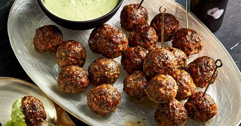 Spicy Lamb Meatballs with Green Goddess Dip | Food & Wine Spicy Lamb Meatballs, Green Goddess Dip, Lamb Meatballs, Meat Alternatives, Ground Lamb, Lamb Recipes, Green Goddess, Christmas Appetizers, Wine Recipes