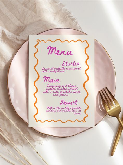 Bright Wavy Purple + Orange Menu Template, Colorful Handwritten Menu, Editable Wedding Stationary, Wavy Border Hand Painted Menu Editable 21 Diner Menu, Orange Menu Design, Orange Party Theme, 21 Dinner, Watercolor Menu, Wedding Table Menus, Diner Menu, Green Desserts, Wedding August