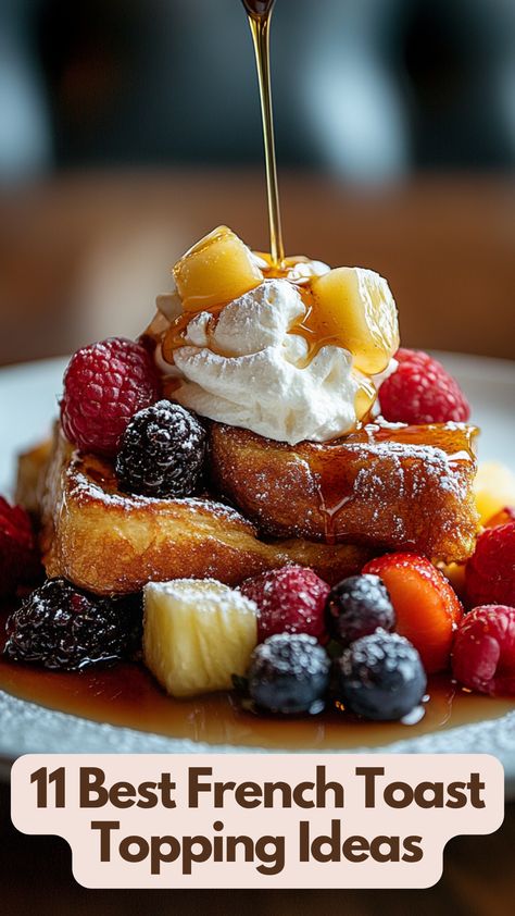 A plate of French toast topped with fresh fruits, whipped cream, and a drizzle of maple syrup, offering a delicious and visually appealing breakfast option. Toppings For French Toast, Fruit French Toast, French Toast Toppings Ideas, French Toast Ideas, Unique French Toast Ideas, Savory French Toast, French Toast Plating, Specialty French Toast, French Toast For One