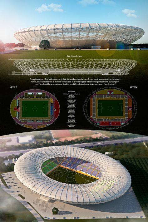 Relocatable stadium "Moment" | Concept Architecture Project Stadium Concept Design, Stadium Design Concept, Stadiums Architecture, Sports Architecture, London Football, Stadium Architecture, Membrane Structure, Cladding Design, Perspective Drawing Architecture