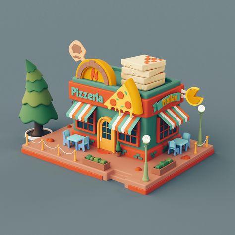 3d Shop Design, High Poly Modeling, Lowpoly 3d, Cookie Factory, Pizza Shop, 3d World, 귀여운 음식 그림, 3d Modeling Tutorial, Low Poly Games