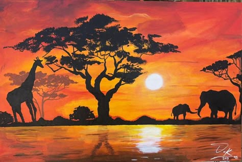 African Savannah Landscape Painting, Africa Landscape Tattoo, Savana Paintings, Africa Sunset Painting, Sunset Safari Painting, African Safari Painting, African Landscape Tattoo, Safari Painting Easy, African Sunset Tattoo