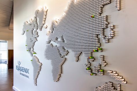 This map is fabricated using custom routed acrylic pegs mounted to a back plate. Each Isagenix office is denoted with an oversized green peg and map. Experiential Graphic Design, Large Building, Three Million, Trademark Design, World Map Decor, Interactive Walls, Gilbert Arizona, World Map Art, Map Decor