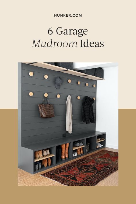 Garage Shoe Coat Storage, Garage Entry Hallway Ideas, Garage Lockers With Bench, Garage Shoe Organization Ideas, Garage Coat Storage, Garage Mud Rooms Ideas, Garage Mudroom Storage, Garage Mud Room Ideas, Garage Bench And Shoe Storage