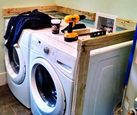 countertops for laundry room | Purchase wood and create a frame around the washer and dryer using ... Laundry Room Countertop, Laundry Room Storage Shelves, Small Laundry Room Organization, Room Storage Diy, Dream Laundry Room, Laundry Room Renovation, Laundry Ideas, Laundry Mudroom, Laundry Room Inspiration