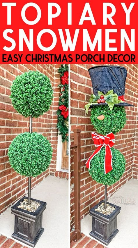 Christmas Topiaries Outdoor Diy, Snowman Topiary, Present Topiary, Diy Christmas Topiary, Diy Topiary Trees Front Doors, Front Porch Topiary Ideas, Porch Topiary, Outdoor Topiary, Holiday Planter