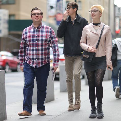 *On 49th Street*  A trio walking along 49th Street near 8th Avenue.  #nyc #newyorkcity #streetphotography #hellskitchen #stockings #tights #patterenedtights Person Walking Down Street, Giant Painting, Life Drawing Pose, Lois Griffin, Walking Poses, People Reference, Ted Mosby, Hot British Men, People Walking