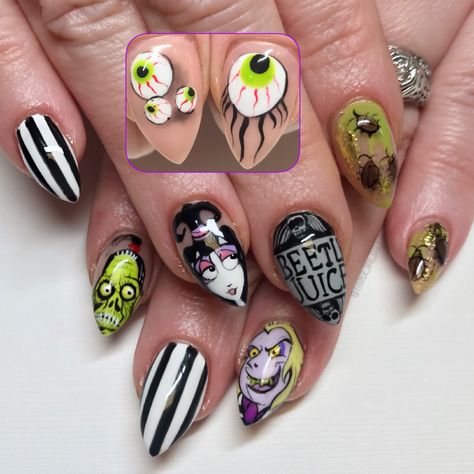 Bettle Juice Nail Ideas, Tim Burton Nail Art, Beetlejuice Nail Art, Trippy Nails, Beetlejuice Nails, Character Nails, Acrylic Nail Ideas, Uñas Ideas, 2022 Nails