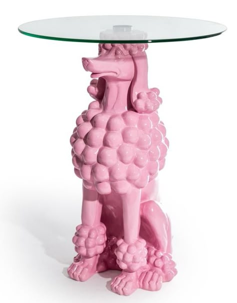 Sitting Pink Poodle Side Table w/ Glass Top Small Clock, Chest Coffee Table, Chandelier Table Lamp, Pink Poodle, Metal Frame Mirror, Animal Wall Decor, Red Candy, Wall Candles, Poodle Dog