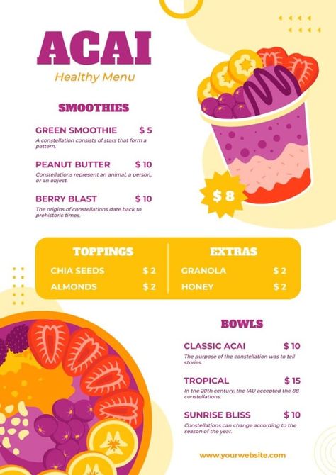 Menú de smoothies y bowls de acai sencillo plano Acai Bowl Branding, Acai Menu Design, Acai Bowl Menu Design, Acai Business, Açai Recipes, Smoothie Menu Design, Smoothie Brand, Acai Recipes, Smoothie Menu