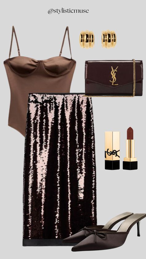 A chocolate brown satin bustier paired with a sequin midi skirt. Gold hoops, a ysl clutch, and brown mules complete the glam look.🤎 Bronze Sequin Skirt Outfit, Brown Sequin Skirt, Brown Sequin Skirt Outfit, Midi Sequin Skirt Outfit, Sequence Skirt Outfit, Glitter Skirt Outfit, Brown Skirt Outfit, Sequin Skirt Outfit, Sequence Skirt