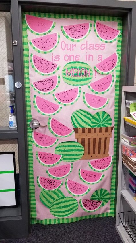 Preschool All About Me Bulletin Board, May Bulletin Board Ideas Toddlers, Teacher Bulletin Boards Preschool, Daycare Nursery Decor, Watermelon Board Ideas, Summer Classroom Doors Daycare, Daycare Doors Ideas, Summer Theme Board Classroom Ideas, Summer Teacher Board Ideas