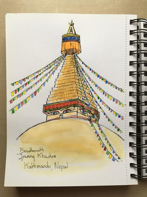 Boudhanath, Kathmandu, Nepal. Schmincke Horadam en micron pens in W&N sketchbook. #TsundruLhamo My Country My Pride Nepal Drawing, Indian Heritage Paintings Easy, Nepal Temple Drawing, Nepali Drawing, Nepal Art Painting, Stupa Drawing, Nepal Sketch, Nepal Drawing, Nepal Painting