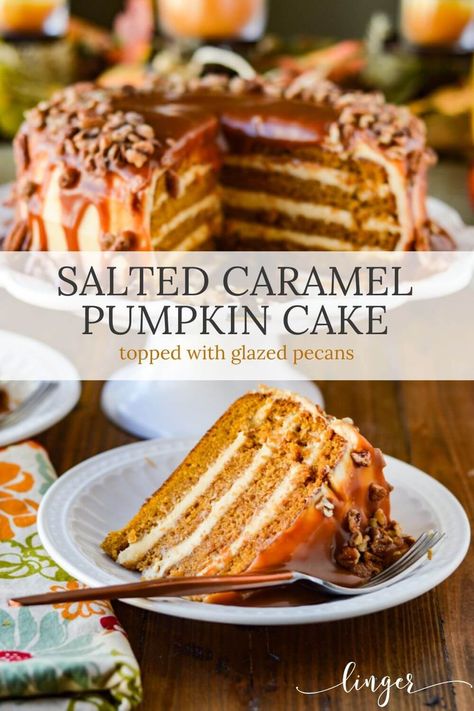 Caramel Cream Cheese Frosting, Pumpkin Spice Cake Recipe, Cream Cheese Frosting Cake, Sugared Pecans, Pumpkin Cake Recipes, Caramel Cream, Pumpkin Spice Cake, Pumpkin Caramel, Fall Cakes