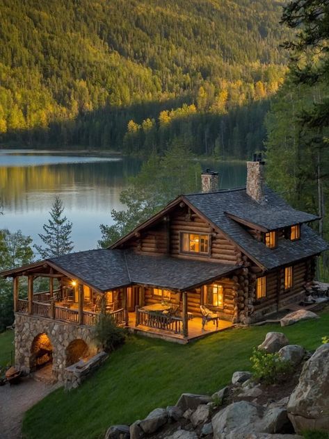 Luxury Mountain Lodge, Tiny Log Cabins, Big Cabin, Stone Cabin, Log Cabin Rustic, Lakeside Living, Cabin Exterior, Living The Dream, House On The Rock