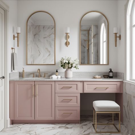 Vanity Color Ideas 💖💖 Pink Cabinet Bathroom, Blush Vanity Bathroom, Pink Vanity Bathroom, Mauve Bathroom Ideas, Bathroom Vanity Pink, Bathroom Cabinet Color Ideas, Vanity Color Ideas, Mauve Bathroom, Restroom Ideas