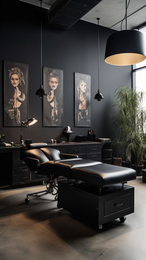 Feminine Tattoo Studio, Small Tattoo Room Ideas, Modern Tattoo Shop Interior, Tattoo Room Studio, Tattoo Room Ideas, Tattoo Studio Aesthetic, Tattoo Shop Interior, Private Tattoo Studio, Tattoo Shop Decor