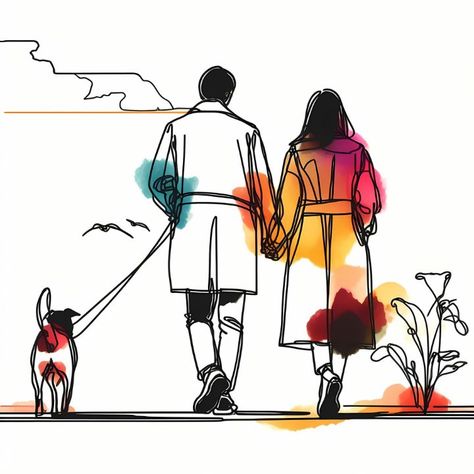 Couple Walking with Dog - A.D. Visual Couple And Dog Painting, Couple Walking Together Drawing, Walking With Dog, A Couple Holding Hands, Dog On A Leash, Nice Line, Line Drawing Illustration, Samurai Illustration, Drawings For Boyfriend