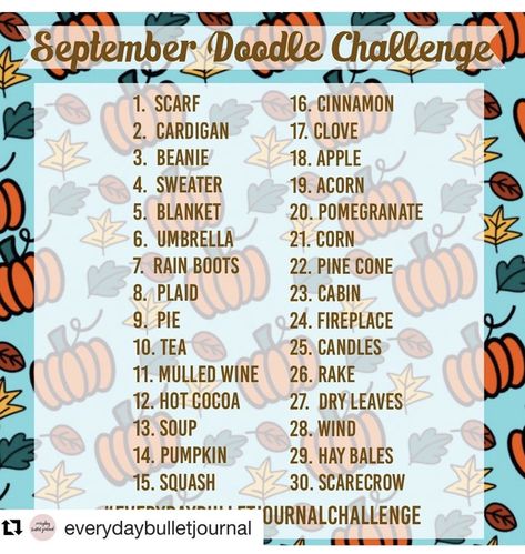 September Doodle Challenge, Doodle A Day September, September Art Challenge 2024, September Art Prompts, September Drawing Prompts, Fall Drawing Prompts, September Art Challenge, September Drawing Challenge, Journal Challenge 30 Day