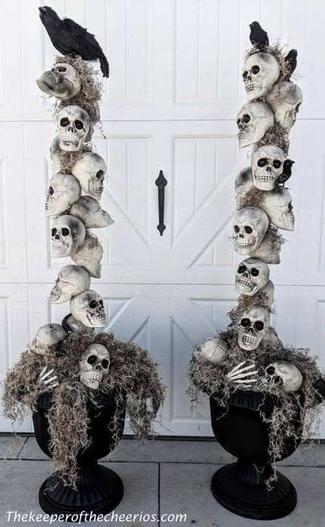 Halloween topiary made with Dollar Tree Skulls. On a budget, looking for inexpensive Halloween Decor? Look no more. We have some of the the best Dollar Tree Halloween Crafts and DIY Halloween Home Decor Ideas. Make your house look great for the cost of a dollar! #dollartree #dollartreeideas #dollartreedecor #dollarstore #dollarstoreideas #halloween #halloweendecor #halloweencrafts #dollartreefalldecor #dollartreediyhome #dollartreehalloween #dollarstorehalloween Skull Front Door, Diy Halloween Spook House, Diy Skull Decor Outdoor, Pumpkin With Mouth Sewn Shut, Halloween Skull Decorations Outdoor, Simple Halloween Decor Indoor Diy, Victorian Skeleton Costume, Halloween Porch Decorations Scary, Spooky Halloween Planters