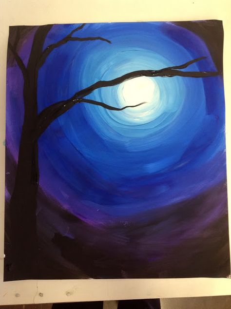 Winter night time sky for kids to paint with circles & shades of blue, purple, & black...simple & beautiful Perspective Snowman, Sky Perspective, Night Time Sky, Winter Art Lesson, Owl Moon, Easy Acrylic Painting, Winter Art Projects, 4th Grade Art, Classroom Art Projects