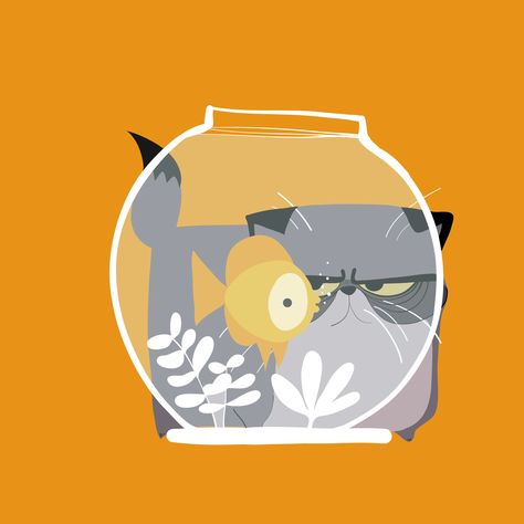 Cat And Fish Illustration, Cat And Fish Drawing, Fish Bowl Illustration, Fish Tank Illustration, Fish Bowl Drawing, Aquarium Illustration, Aquarium Drawing, Cat And Fish, Gentle Style