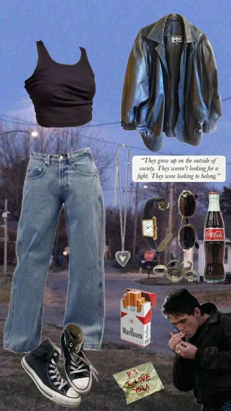 #theoutsiders #dallaswinston #marlboro #vintageoutfits #cokecola #jewelry Greasers Outfit Girl, Greaser Girl Outfit, Greaser Costume, Girl Greaser Outfit, Greaser Outfit, Greaser Aesthetic, Greaser Girl, The Outsiders Ponyboy, Greaser Style