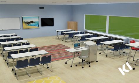 This classroom design inspiration features a large-scale, traditional classroom layout from from Yucaipa, California. Complete with a mobile teacher's station and multiple interactive screens, this space, suited to fit 30+ students, is ideal for a variety of student learners. #classroomdesign #classroomlayout #classroominspiration #classroomideas #classroomconfiguration #classroomoftheweek #educationfurniture #educationdesign Ideal Classroom Layout, Classroom Configurations, Yucaipa California, Ideal Classroom, Traditional Classroom, Classroom Layout, Classroom Furniture, Education Design, Classroom Design