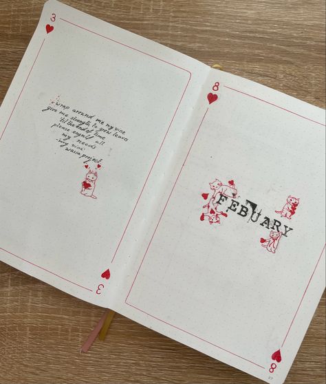 bullet journal red pen cats heart love valetines day theme notebook illustration fine liner stamp black inspirtation playing cards game numbers wasia project quote my vine bujo aesthetic Red Bujo Theme, Red Journal Aesthetic, Playing Cards Aesthetic, Notebook Illustration, Bujo Aesthetic, Journal Covers Diy, Bujo 2023, Wasia Project, Traveling Journal