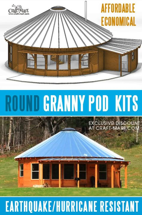 There are many options for granny pods. You may think that a typical tiny house may work for accommodating elderly parents - this is not so! Read about many benefits of these affordable round cabins (wooden yurts) and use our exclusive discount. #yurts #grannypods #grannypodsforsale #grannypodkits #tinyhouse Wood Yurt Plans, Yurt Living Off Grid, Yurt House Plans, Build Your Own Tiny House Diy, Tiny Round House, Round Homes Design, 2 Bedroom Round House Plans, Yurt Design Ideas, Round Tiny House