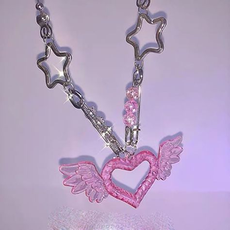 Pink Heart Necklace, Charm Choker Necklace, Heart Shaped Pendant Necklace, Y2k Jewelry, Heart With Wings, Handmade Heart, Wing Necklace, Hello Kitty Items, Heart Shape Pendant